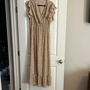 SHEIN Tan and White Printed Ruffle Sleeve Maxi Dress